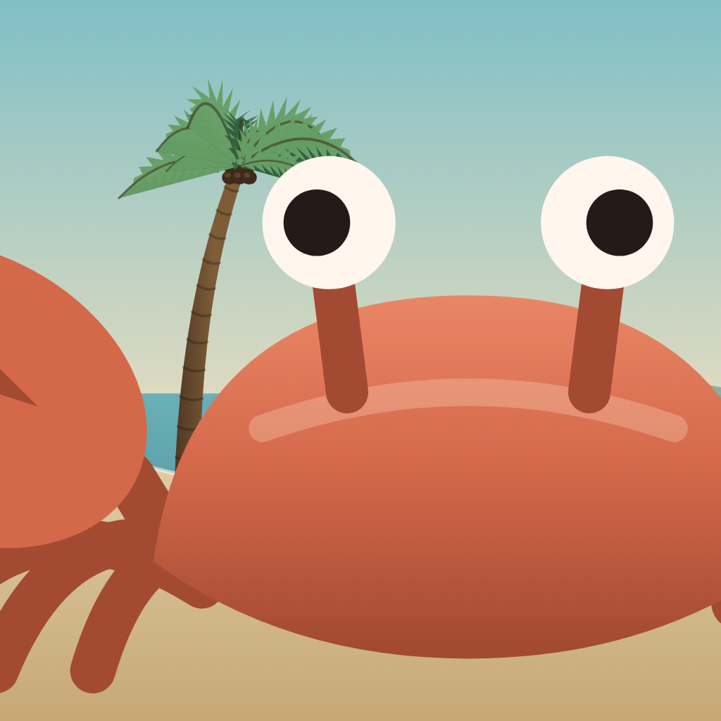 Liquid Horizon’s orange crab on a sandy shore, with a palm tree and turquoise ocean behind him.